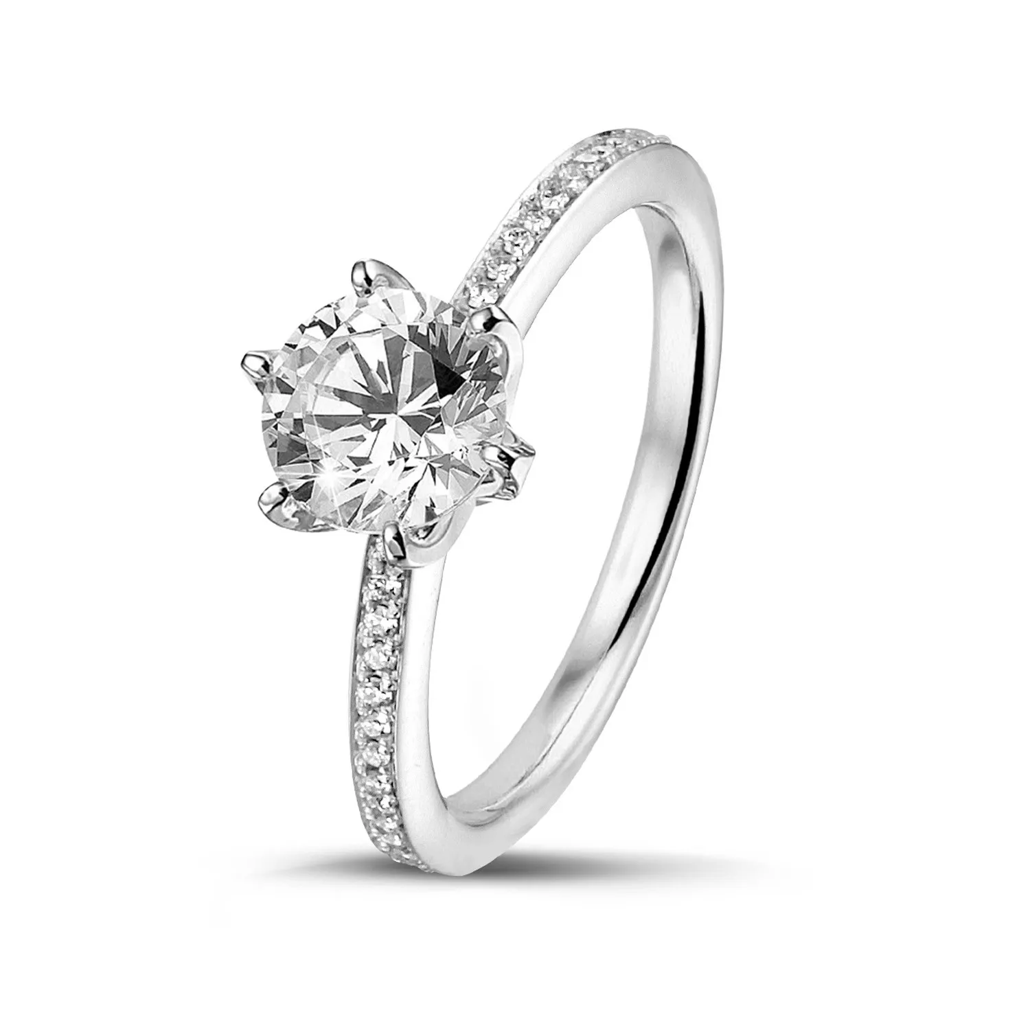 0.50 quilates anillo solitario en oro blanco con diamantes en los lados 