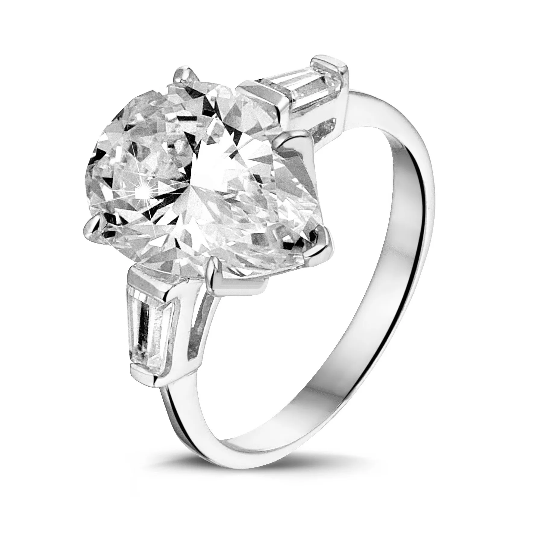 Anillo en oro blanco con diamante en forma de pera y diamantes talla baguette cónico 