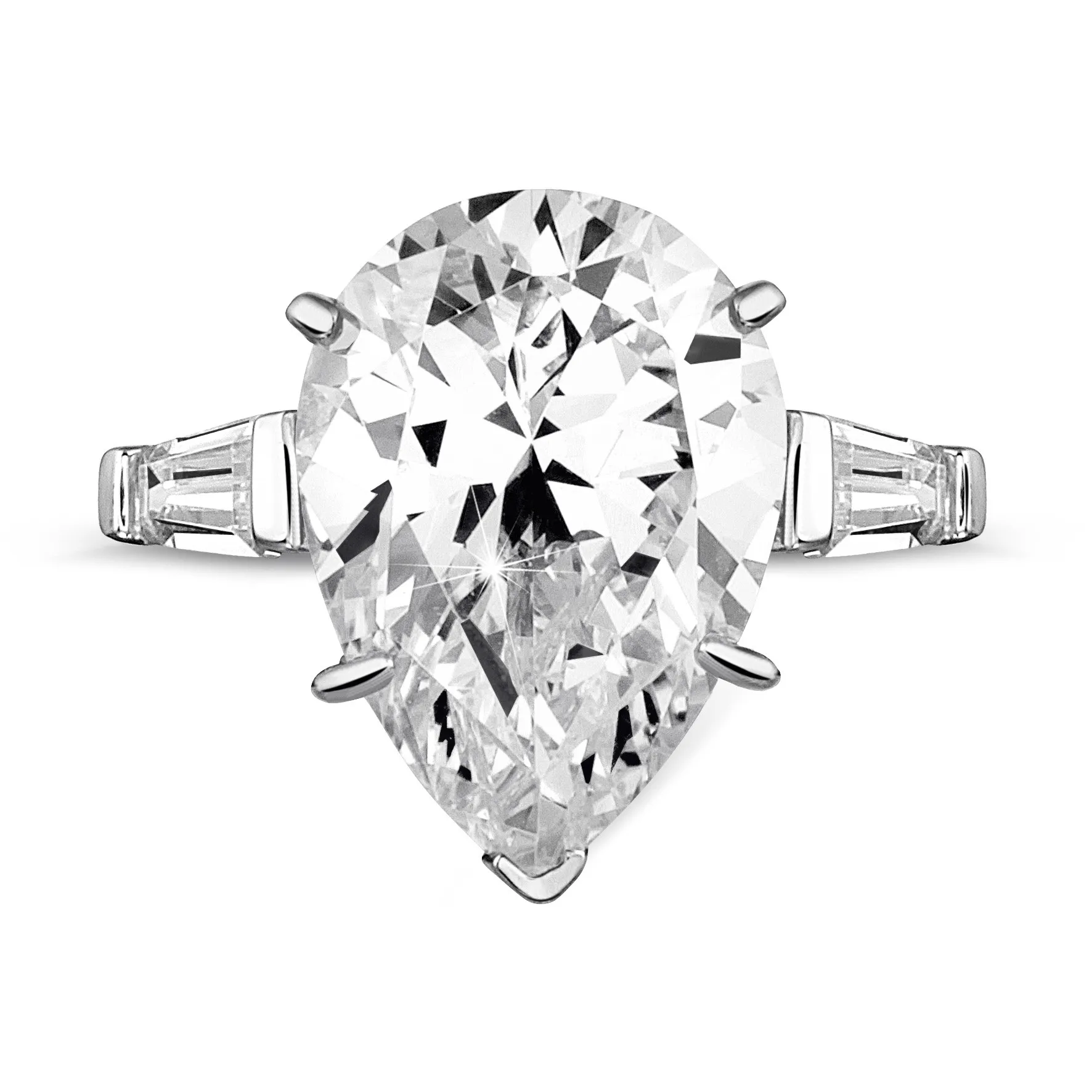 Anillo en oro blanco con diamante en forma de pera y diamantes talla baguette cónico 