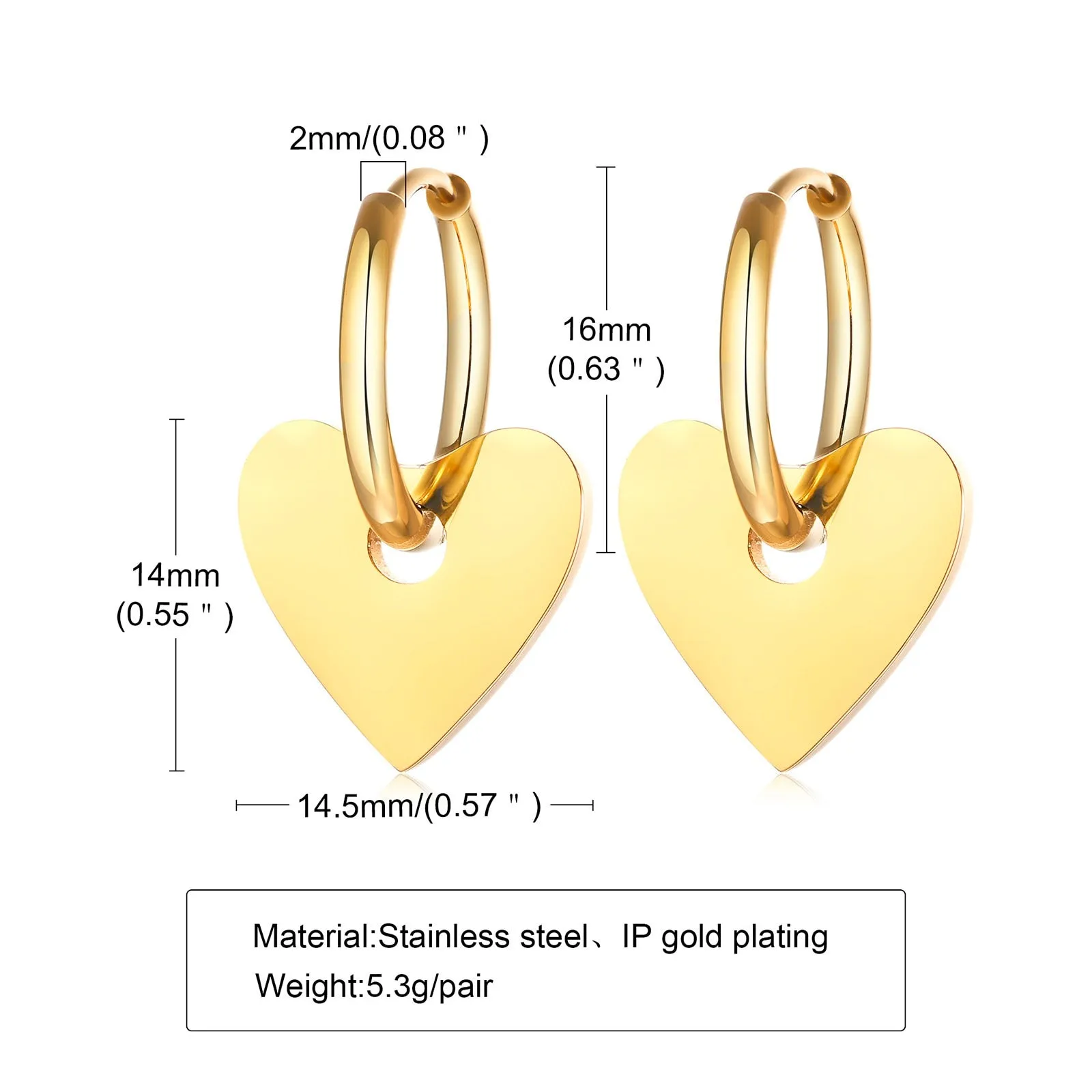 Aretes para mujeres Heart Earrings for Women, Gold Color Stainless Steel Solid Metal Ear Jewelry, Chic Elegant Removable Heart D