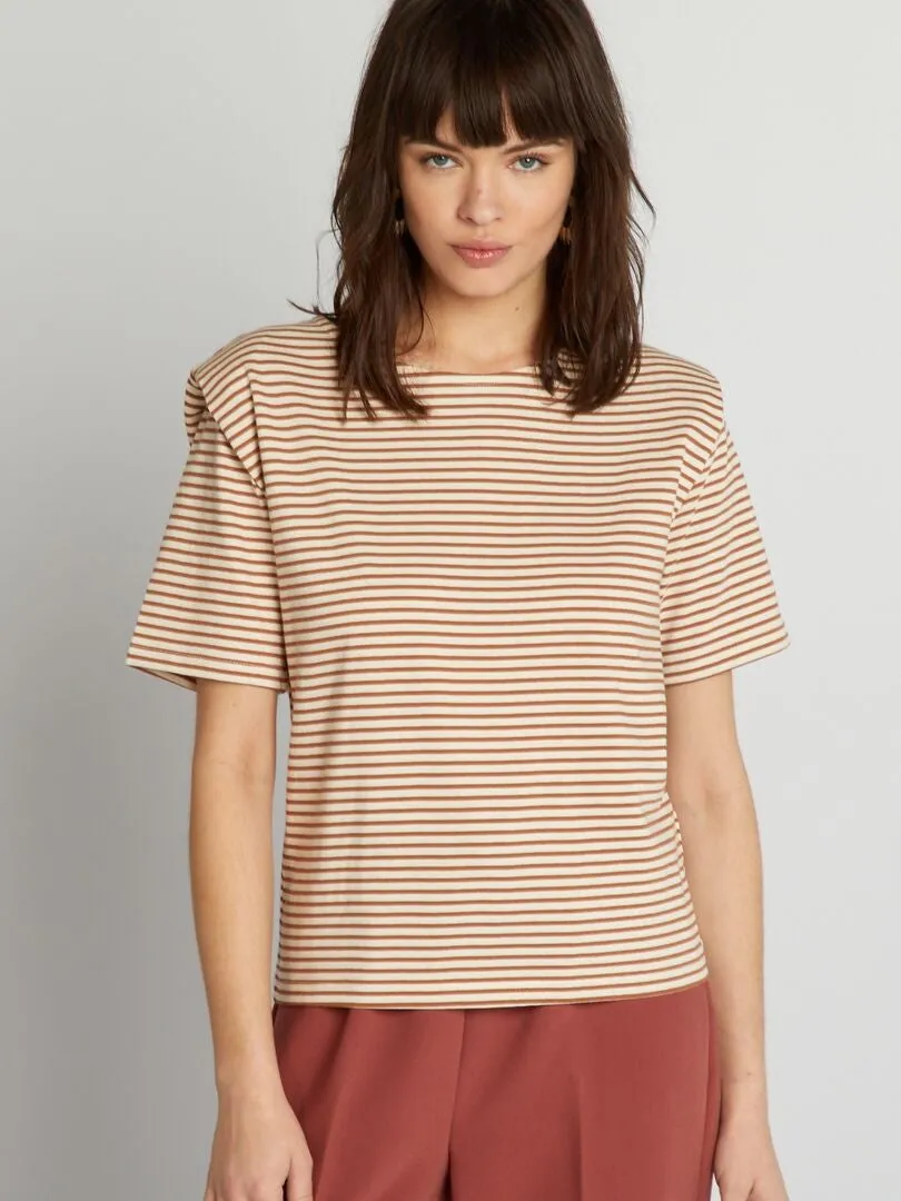 CAMISETA DE RAYAS CON HOMBRERAS  BEIGE
