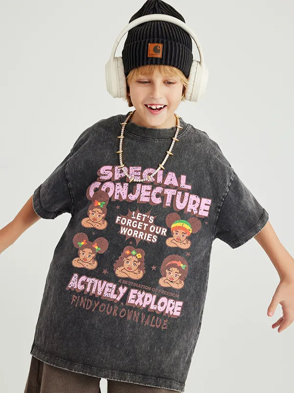 Camiseta holgada para adolescentes con estampado divertido lavada para niños y niñas