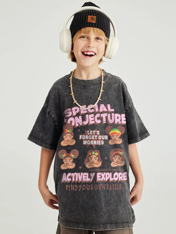 Camiseta holgada para adolescentes con estampado divertido lavada para niños y niñas