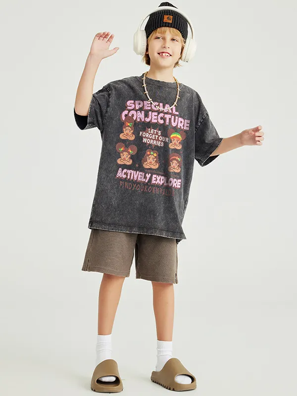 Camiseta holgada para adolescentes con estampado divertido lavada para niños y niñas