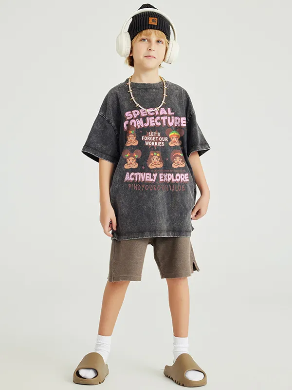 Camiseta holgada para adolescentes con estampado divertido lavada para niños y niñas
