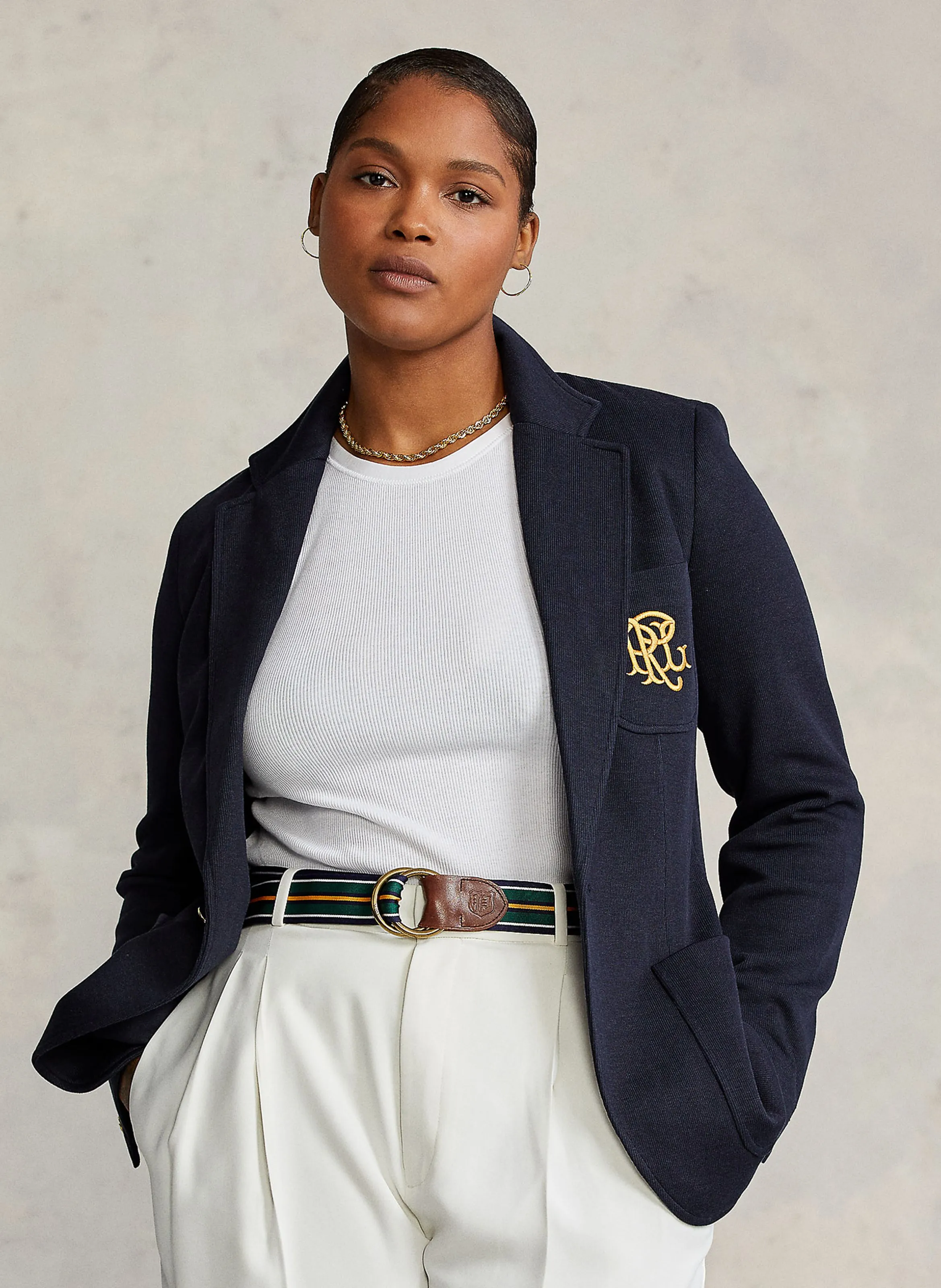 Chaqueta de mezcla de algodón con cuello sastre bordada en azul