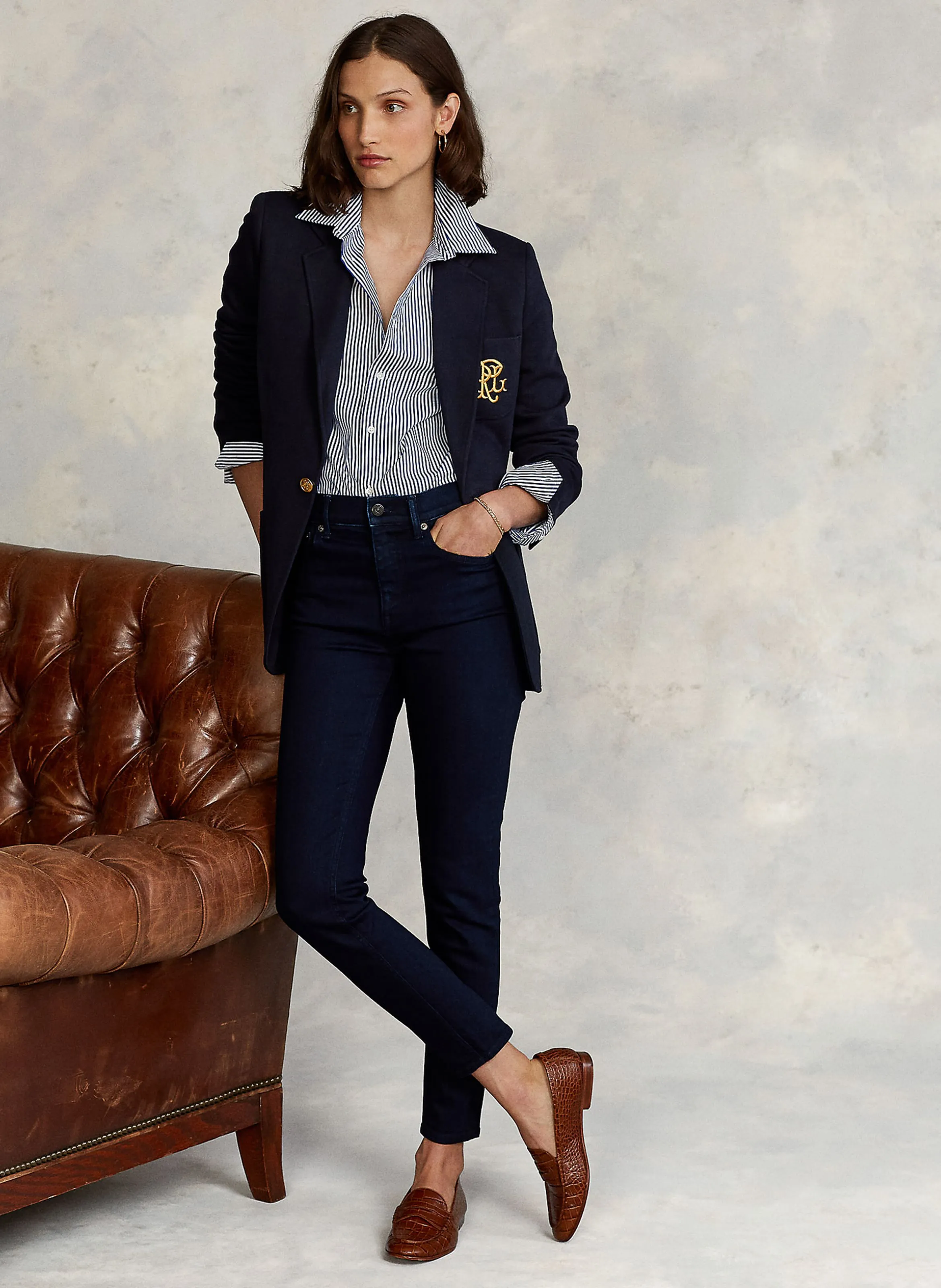 Chaqueta de mezcla de algodón con cuello sastre bordada en azul