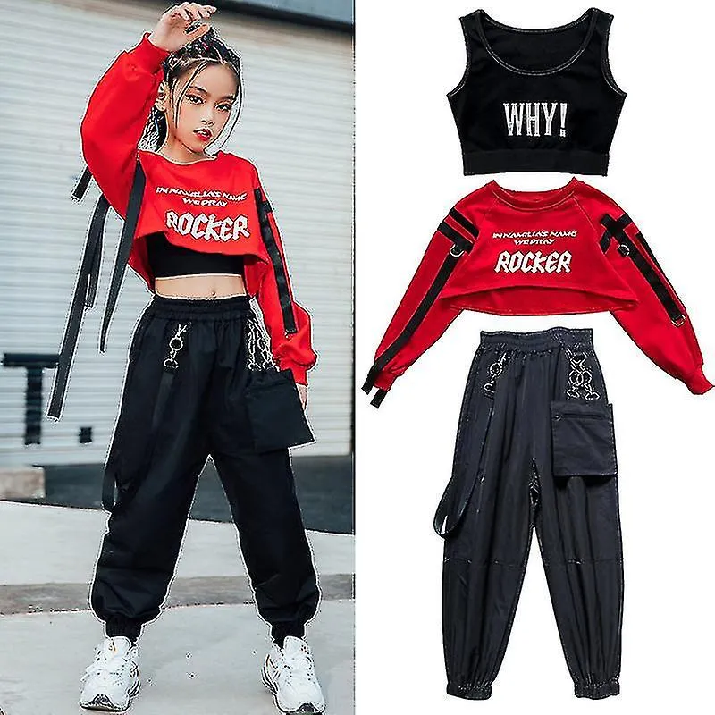 Chicas Hip Hop Ropa Tops Rojas Pantalones Negros Monos Casuales Street Dance Wear Jazz Performance Ropa Hip Hop Niños Usan Bl530
