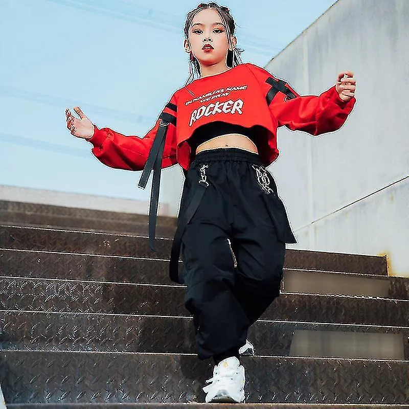 Chicas Hip Hop Ropa Tops Rojas Pantalones Negros Monos Casuales Street Dance Wear Jazz Performance Ropa Hip Hop Niños Usan Bl530