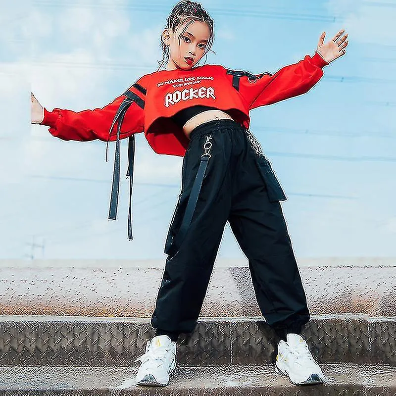 Chicas Hip Hop Ropa Tops Rojas Pantalones Negros Monos Casuales Street Dance Wear Jazz Performance Ropa Hip Hop Niños Usan Bl530