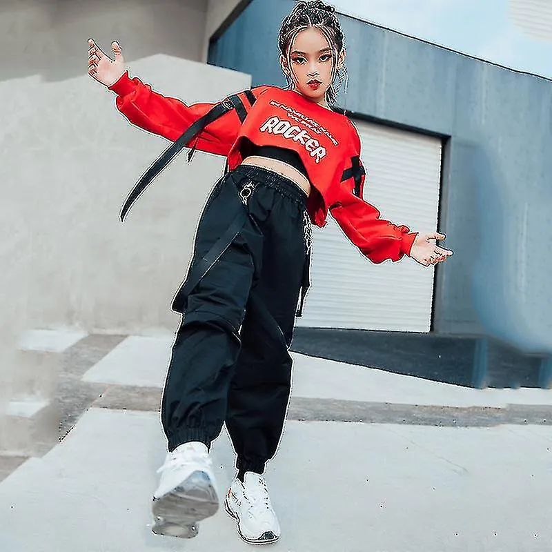 Chicas Hip Hop Ropa Tops Rojas Pantalones Negros Monos Casuales Street Dance Wear Jazz Performance Ropa Hip Hop Niños Usan Bl530
