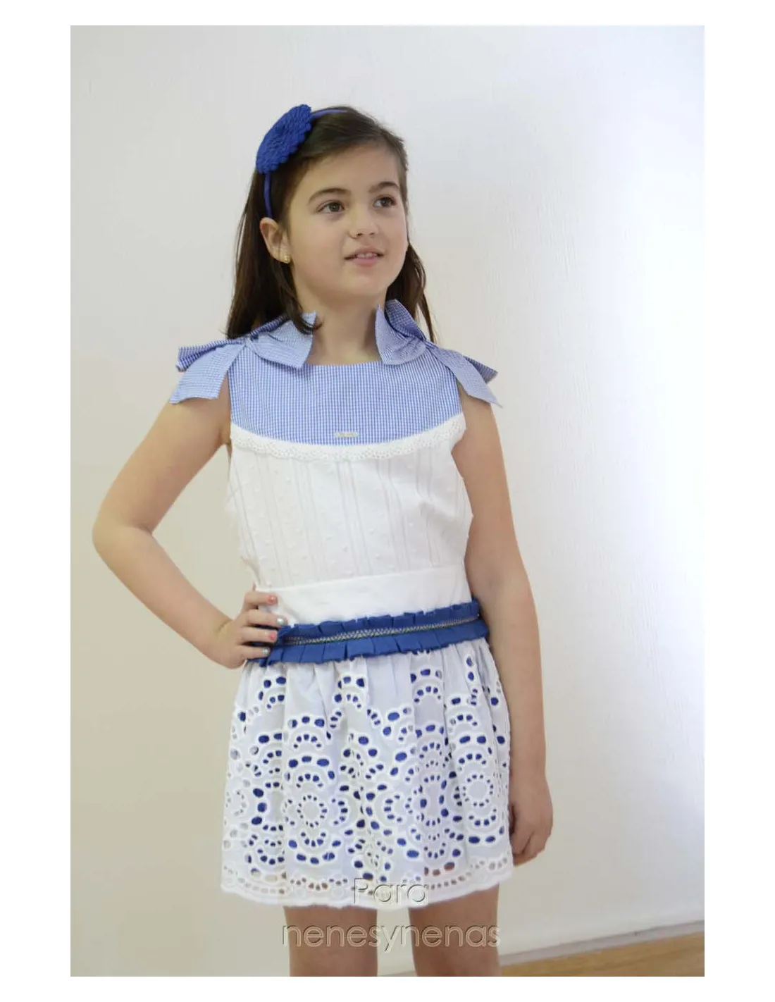 Conjunto de niña vichy añil con camisa y falda Foque