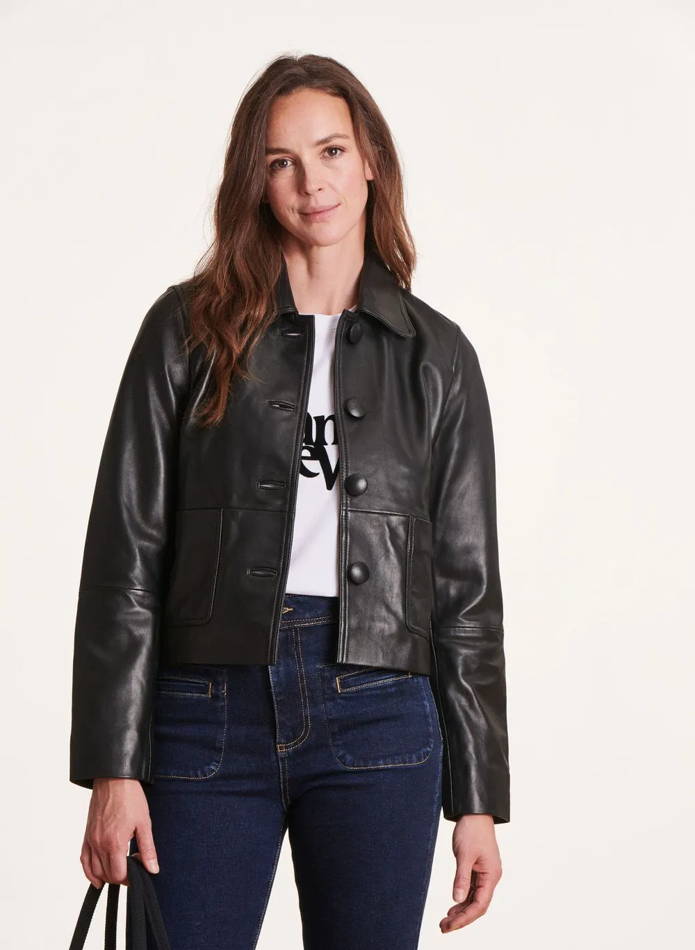 LA FEE MARABOUTEE Chaqueta de cuero recta con cuello clásico en negro