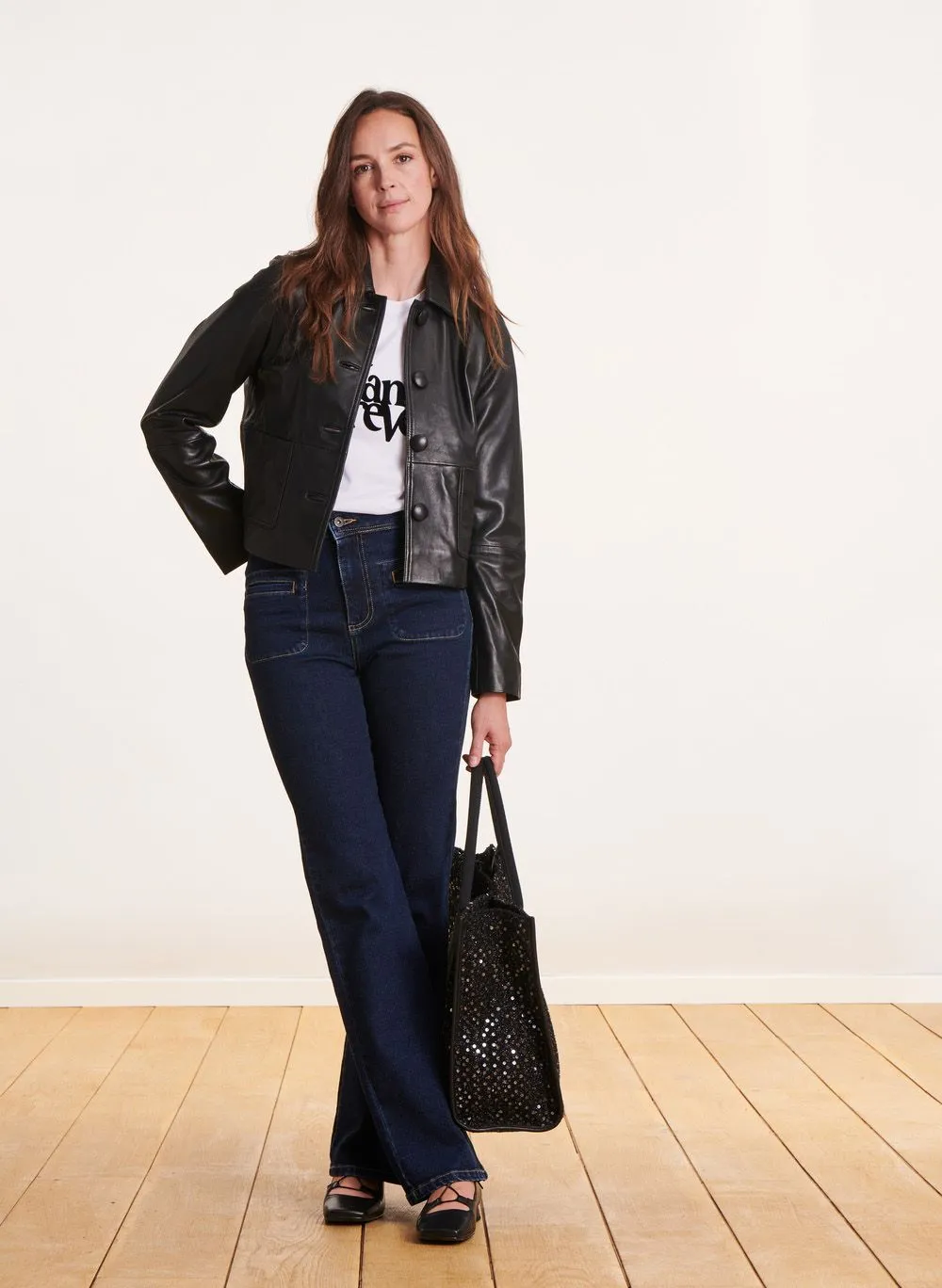LA FEE MARABOUTEE Chaqueta de cuero recta con cuello clásico en negro