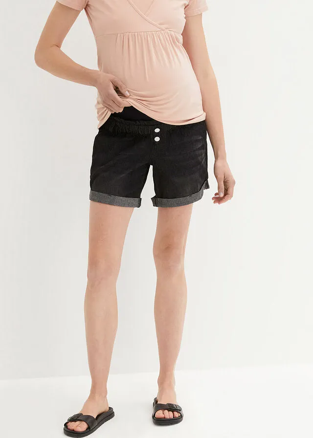 Pantalón vaquero corto premamá de corte paperbag denim negro envejecido