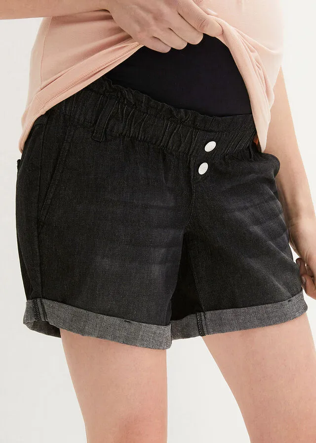 Pantalón vaquero corto premamá de corte paperbag denim negro envejecido