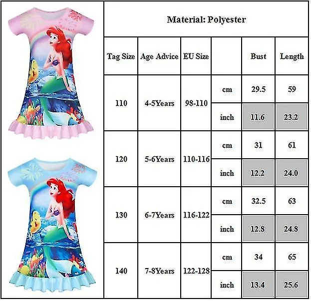 Princesa Sirena Ariel Pijama de verano Vestido para dormir Niños Niñas Manga corta Ropa de dormir cómoda