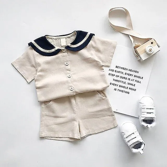 Verano Estilo Coreano Niños Cuello Marinero Algodón Lino Ropa Conjuntos Lindo Niños Camiseta De Manga Corta + Pantalones Cortos 