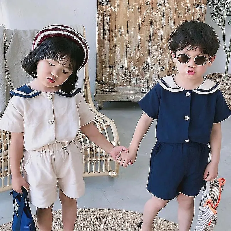 Verano Estilo Coreano Niños Cuello Marinero Algodón Lino Ropa Conjuntos Lindo Niños Camiseta De Manga Corta + Pantalones Cortos 