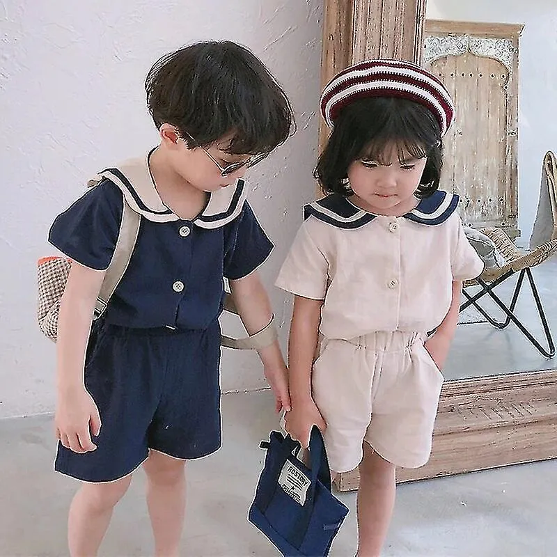 Verano Estilo Coreano Niños Cuello Marinero Algodón Lino Ropa Conjuntos Lindo Niños Camiseta De Manga Corta + Pantalones Cortos 