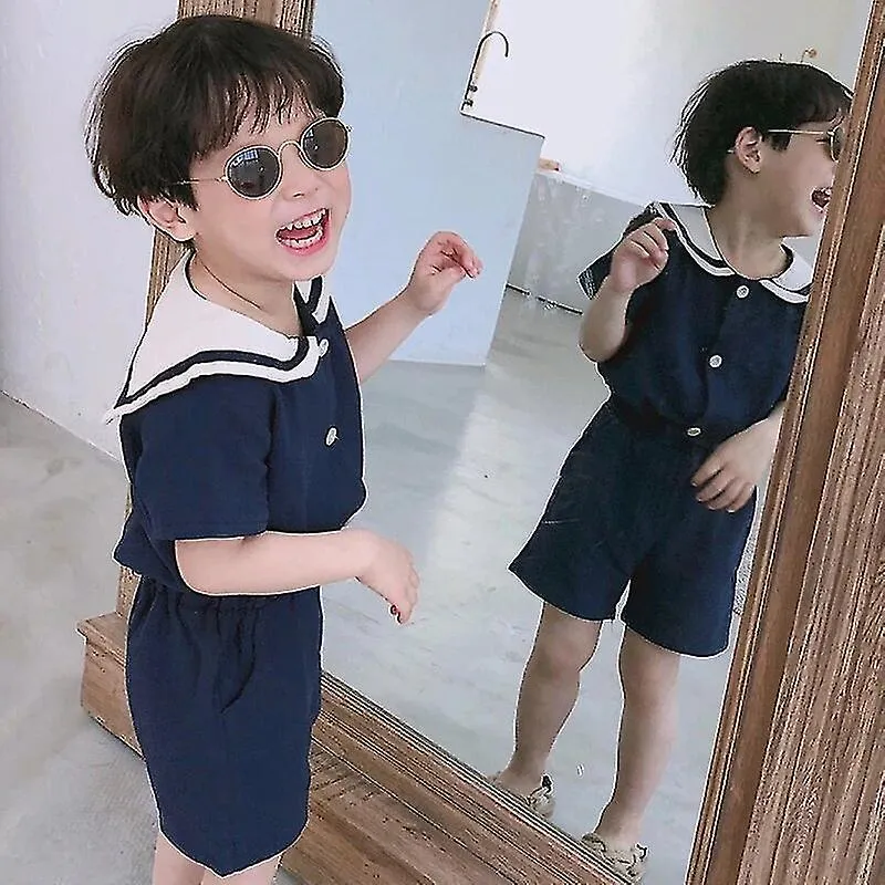 Verano Estilo Coreano Niños Cuello Marinero Algodón Lino Ropa Conjuntos Lindo Niños Camiseta De Manga Corta + Pantalones Cortos 