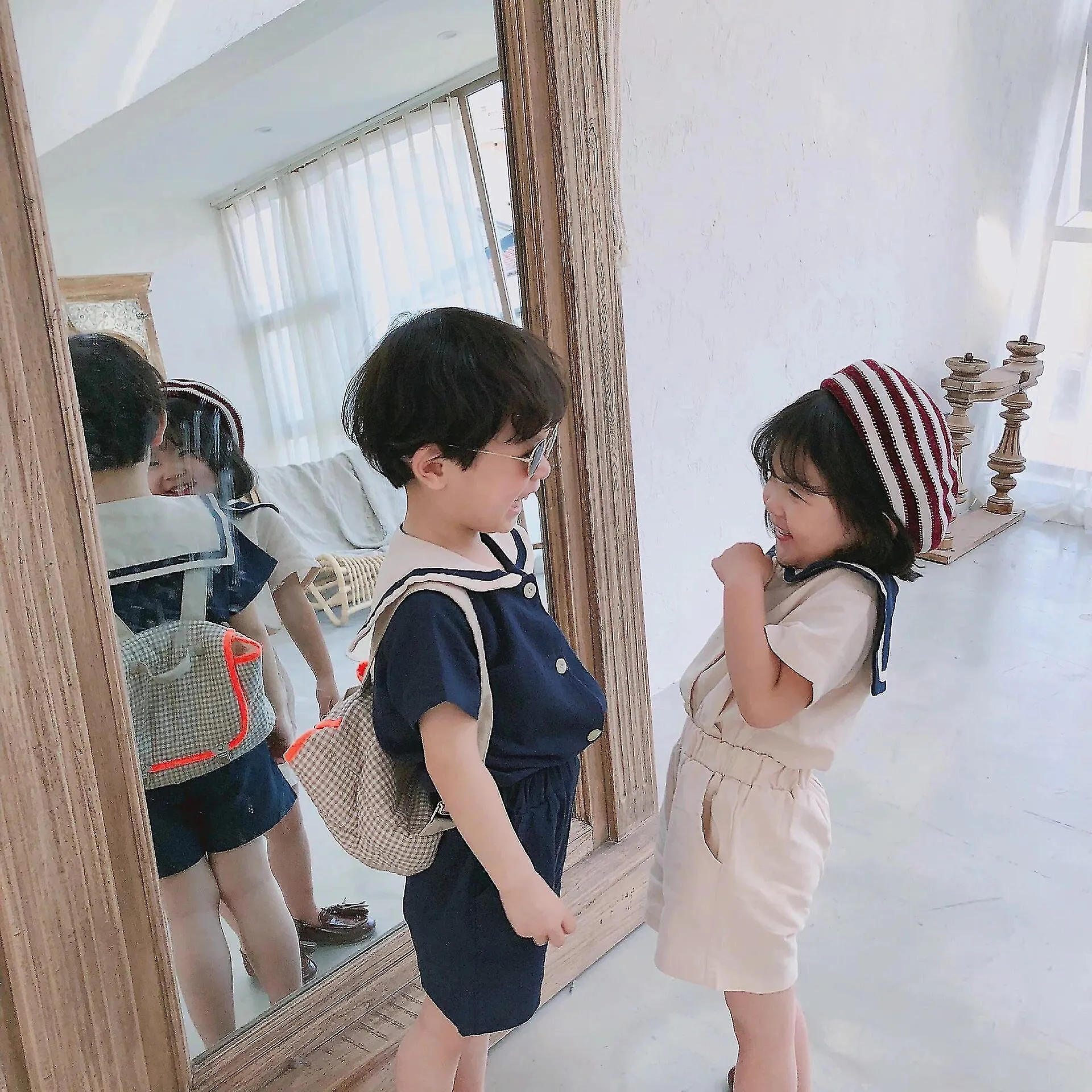 Verano Estilo Coreano Niños Cuello Marinero Algodón Lino Ropa Conjuntos Lindo Niños Camiseta De Manga Corta + Pantalones Cortos 